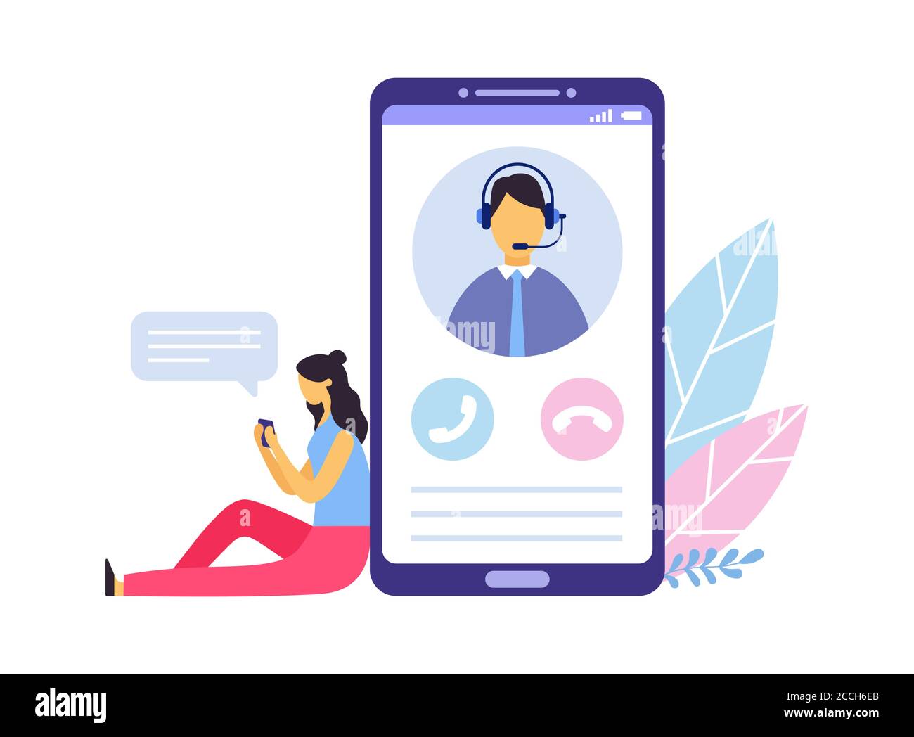 Customer support. Person advisor and helpful advice services. Woman sitting next to big smartphone and chat Stock Vector