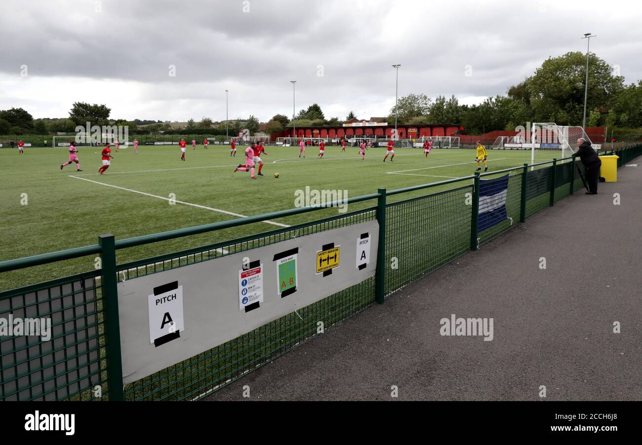 Signage directing fans during the pre-season friendly match at the Trico Stadium, Redditch. Stock Photo