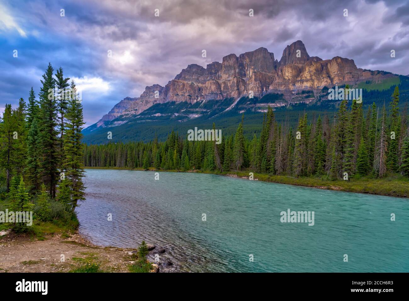 Castle Mountain and the Bow River in Banff National Park, Alberta, Canada. Stock Photo