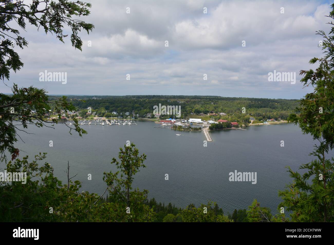Large yacht leaving harbour at Gore bay, Manitoulin Island Stock Photo