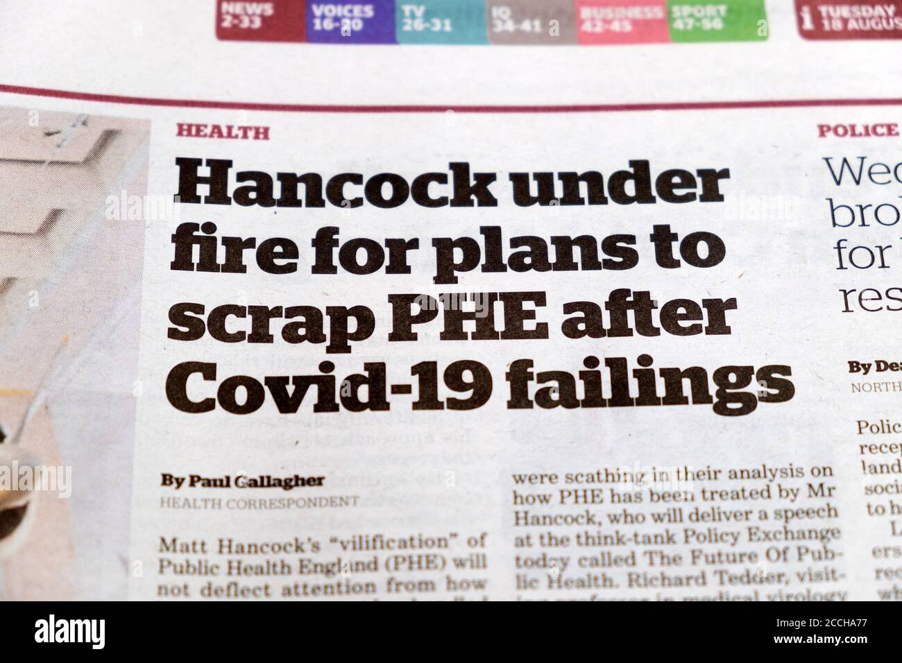 'Hancock under fire for plans to scrap PHE after Covid-19 failings' i newspaper headline inside article in August 2020 London England UK Stock Photo