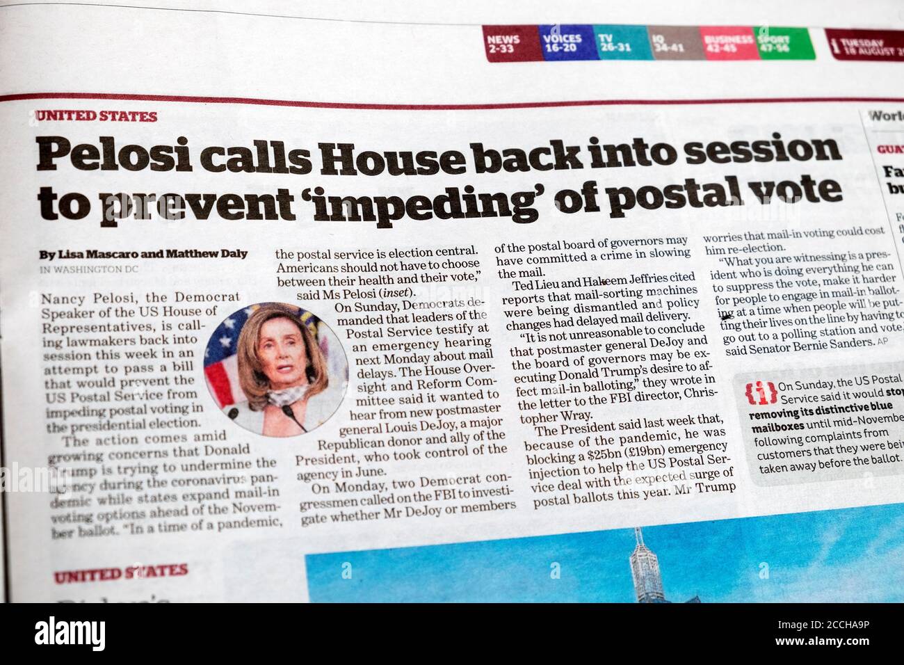 'Pelosi calls House back into session to prevent 'impeding of postal vote' i newspaper headline inside article in August 2020 London England UK Stock Photo