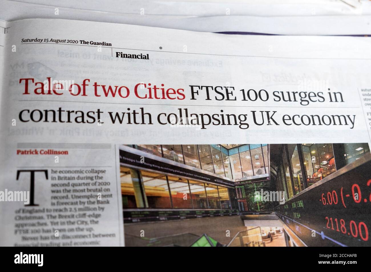 'Tale of two Cities' "FTSE 100 surges in contrast with collapsing UK economy" Guardian newspaper headline inside article August 2020 London England UK Stock Photo