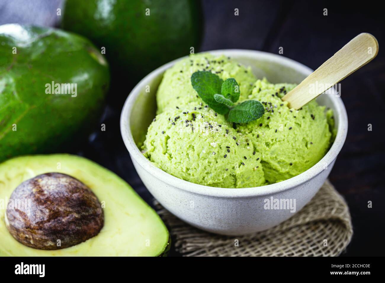 homemade avocado ice cream, made with frozen organic fruits with no