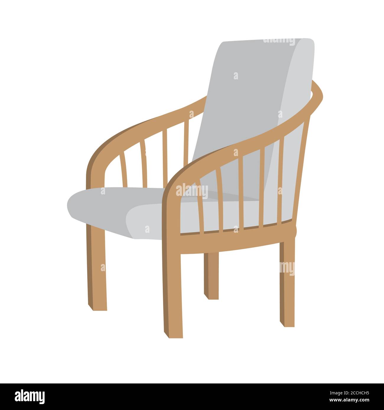 Scandinavian style modern gray armchair with wooden legs, isolated on white background. Vector flat illustration. Furniture, interior object, stylish Stock Vector
