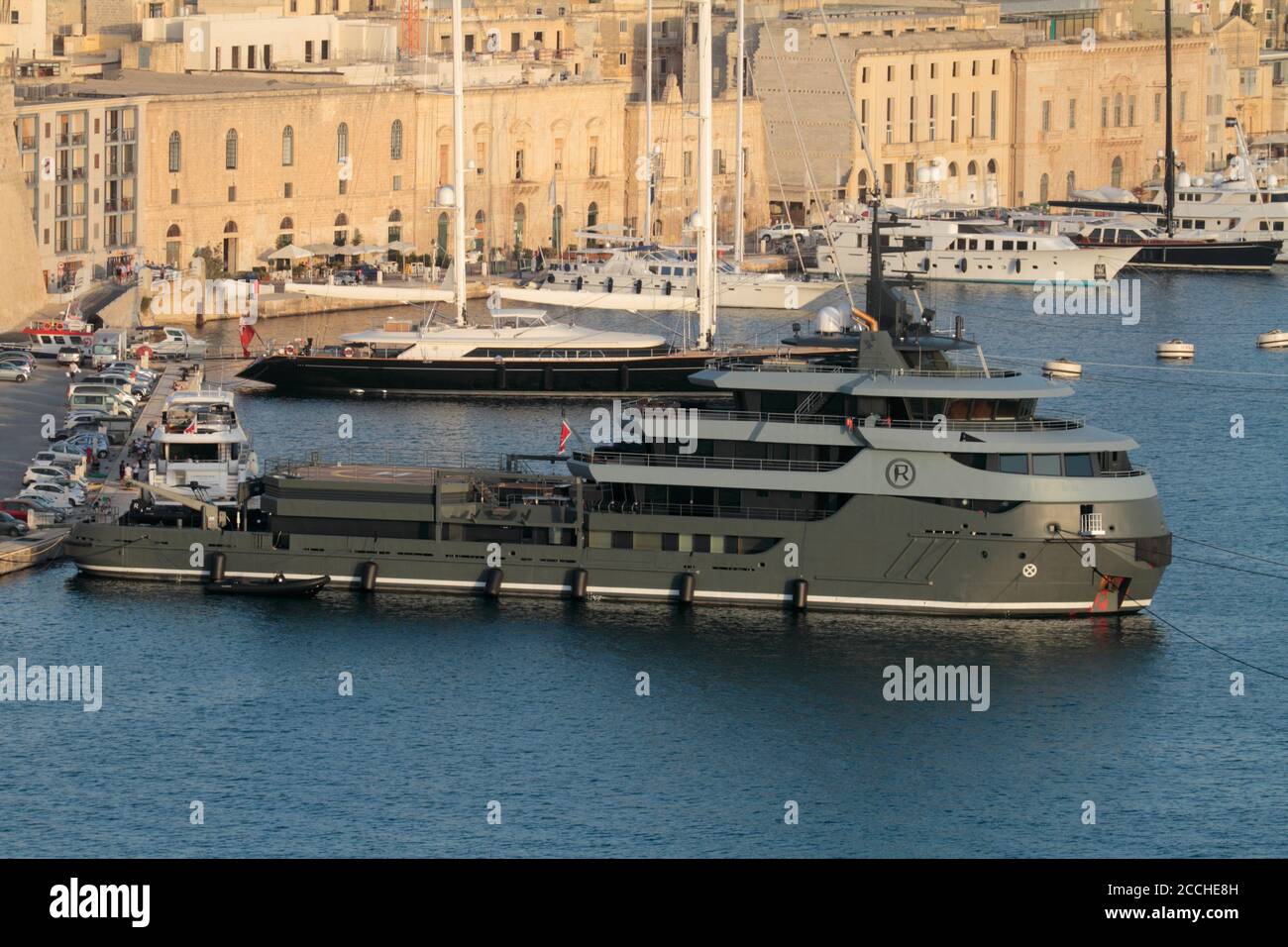 The luxury explorer and icebreaker yacht Ragnar in Malta's Grand Harbour Stock Photo