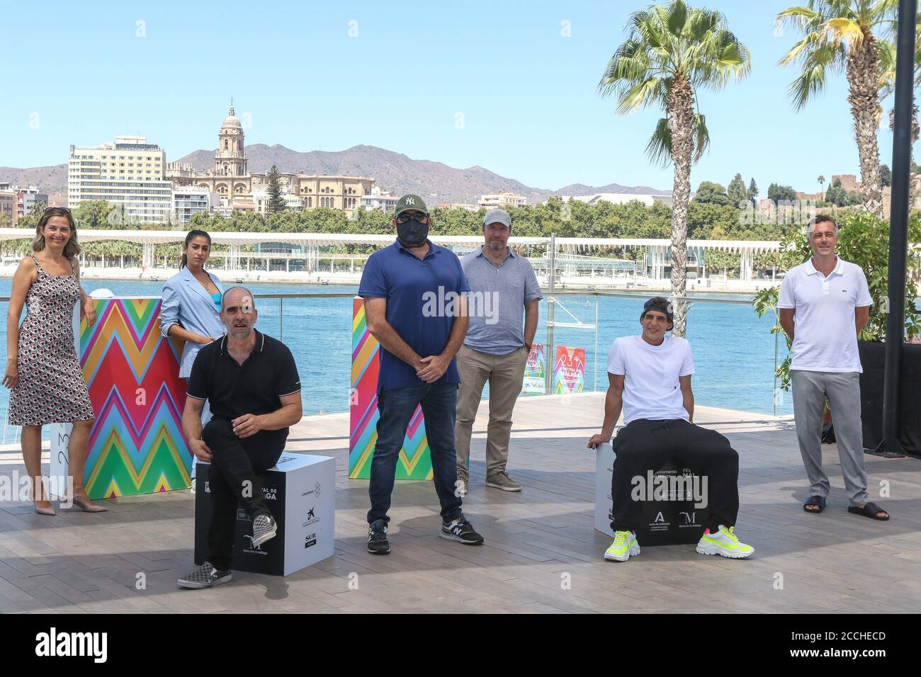 August 22, 2020: August 22, 2020 (Malaga ) presentation of the film 'Hasta el cielo' by Daniel Calparsoro photocall with the film team. In the Pier 1 with the presence of the director; the actors Miguel HerrÃ¡n, Luis Tosar and Carolina Yuste; the screenwriter Jorge GuerricaechevarrÃ-a, and the producers Borja Pena and Emma Lustres Credit: Lorenzo Carnero/ZUMA Wire/Alamy Live News Stock Photo
