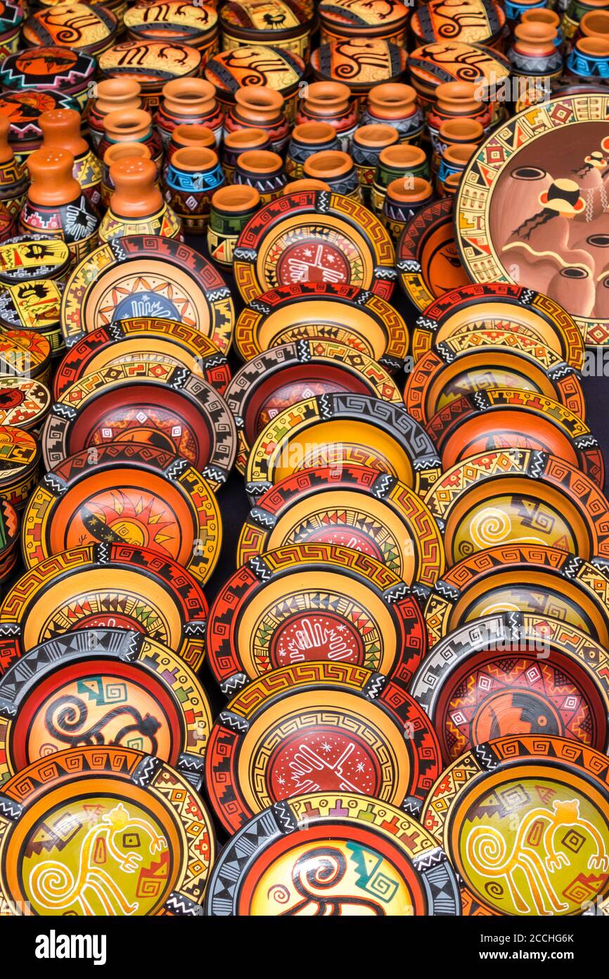 Colorful pottery in a craft market of Pisac, near Cusco, in Peru Stock Photo