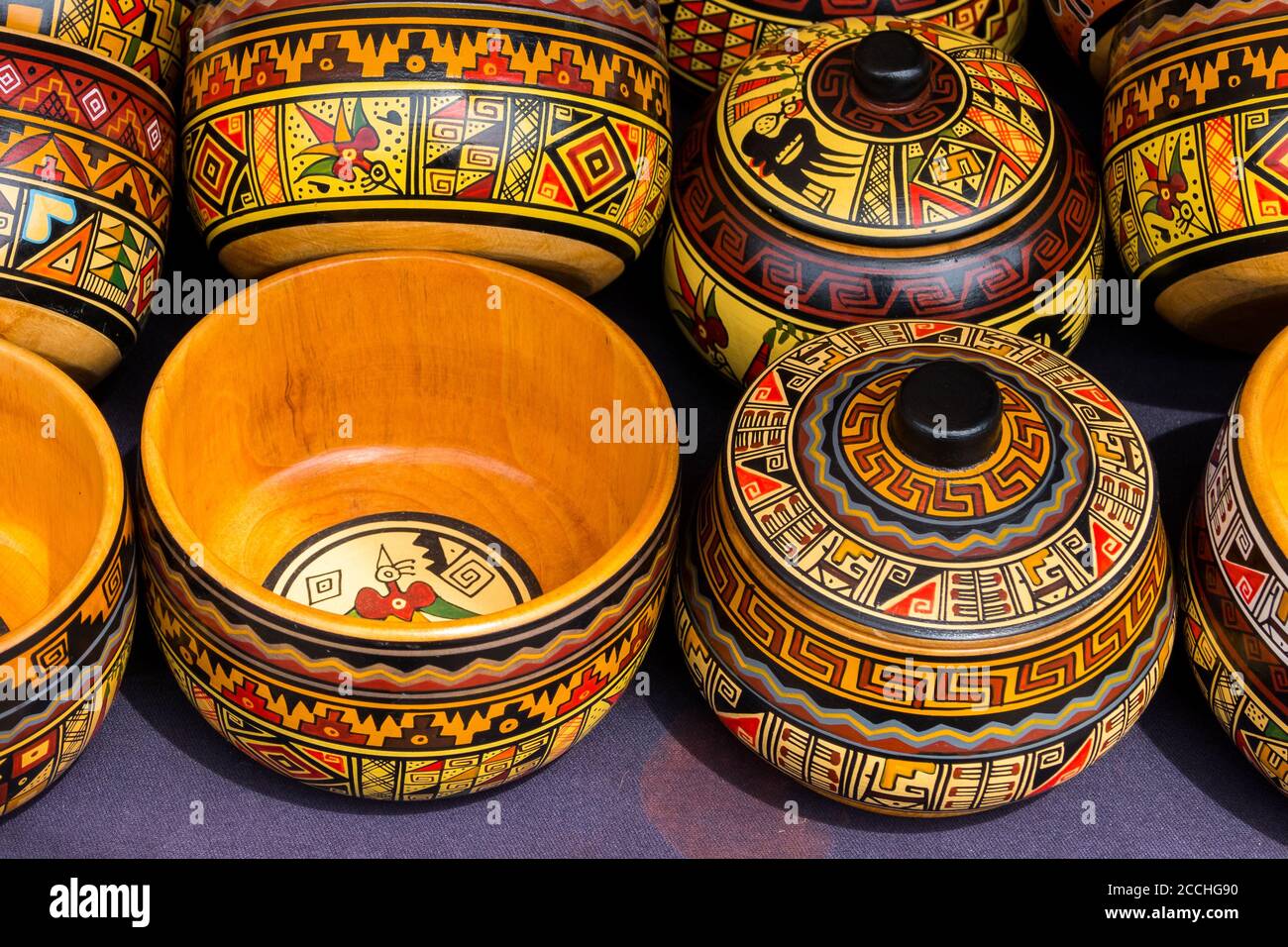 Colorful pottery in a craft market of Pisac, near Cusco, in Peru Stock Photo