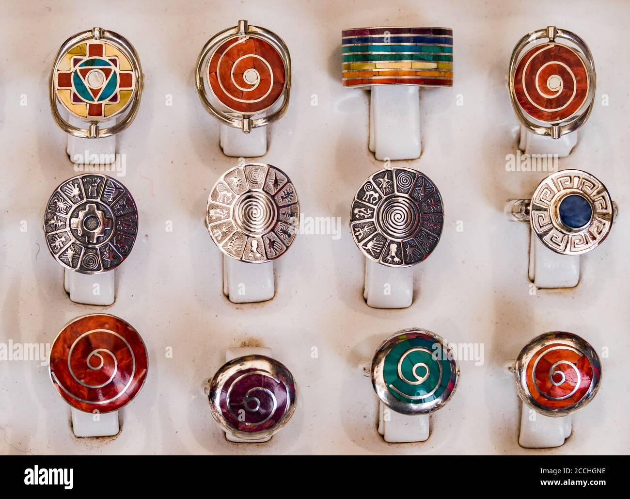 Beautiful traditional peruvian ornamentation of the ancient Incas . It is made by modern artists. In the craft market of Pisac, near Cusco, Peru Stock Photo