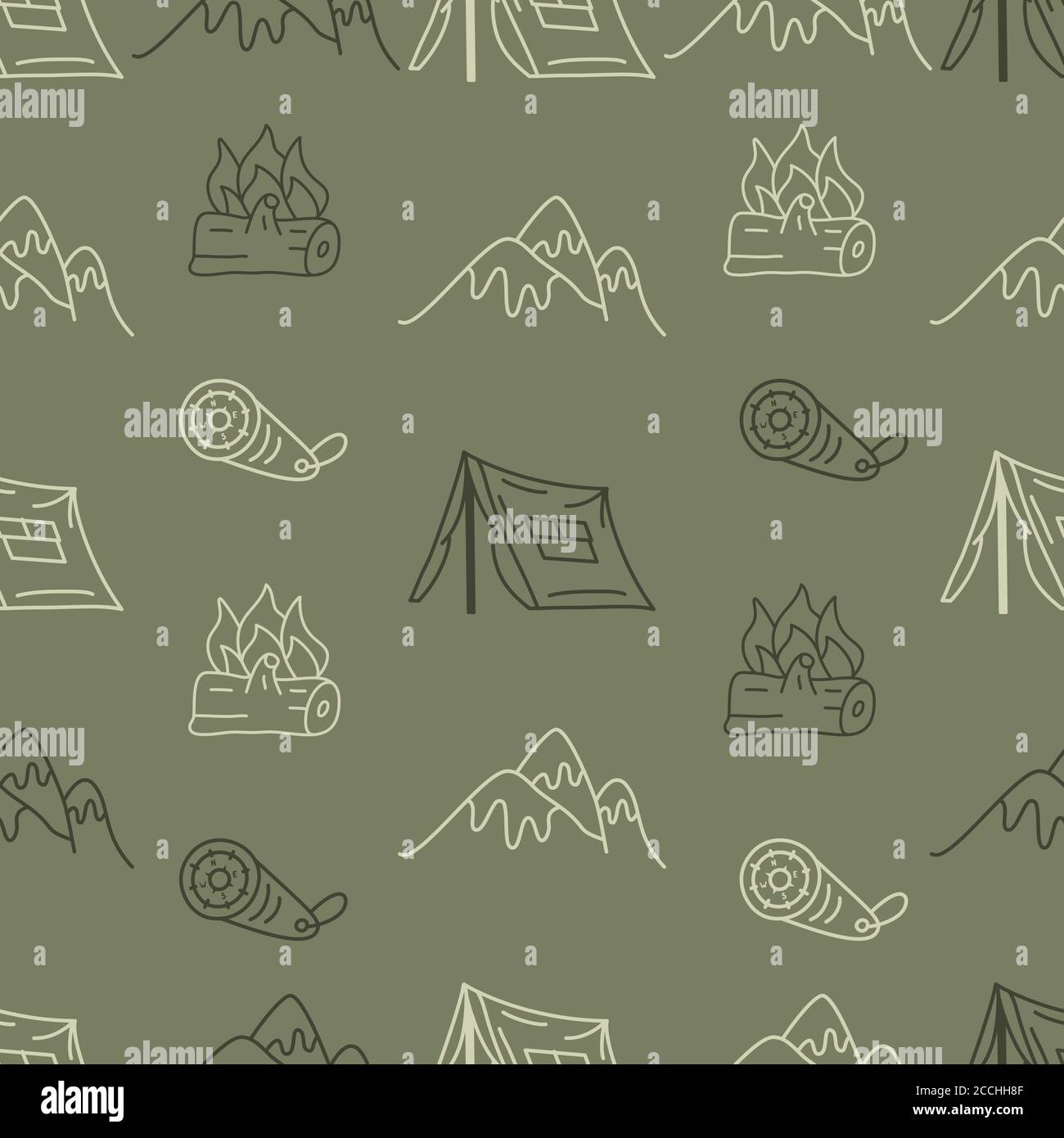 Vintage Hand drawn camping seamless pattern with retro camper, tent and ...