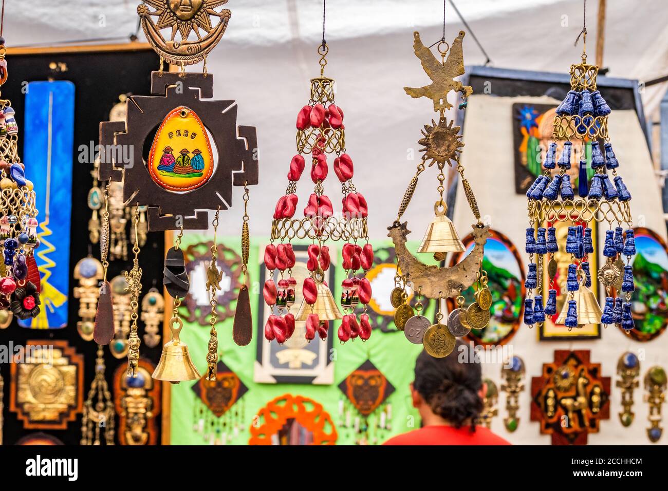 Beautiful traditional peruvian ornamentation of the ancient Incas . It is made by modern artists. In the craft market of Pisac, near Cusco, Peru Stock Photo