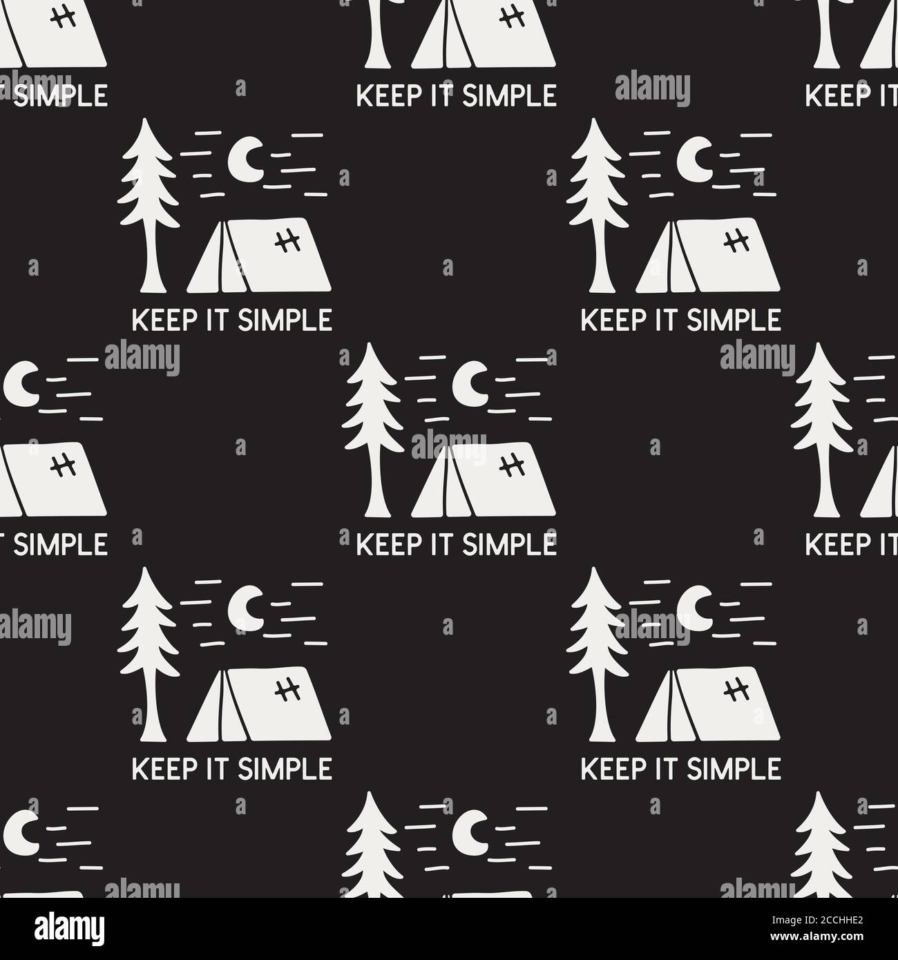 Vintage Hand drawn camping seamless pattern with retro tent, tree and ...