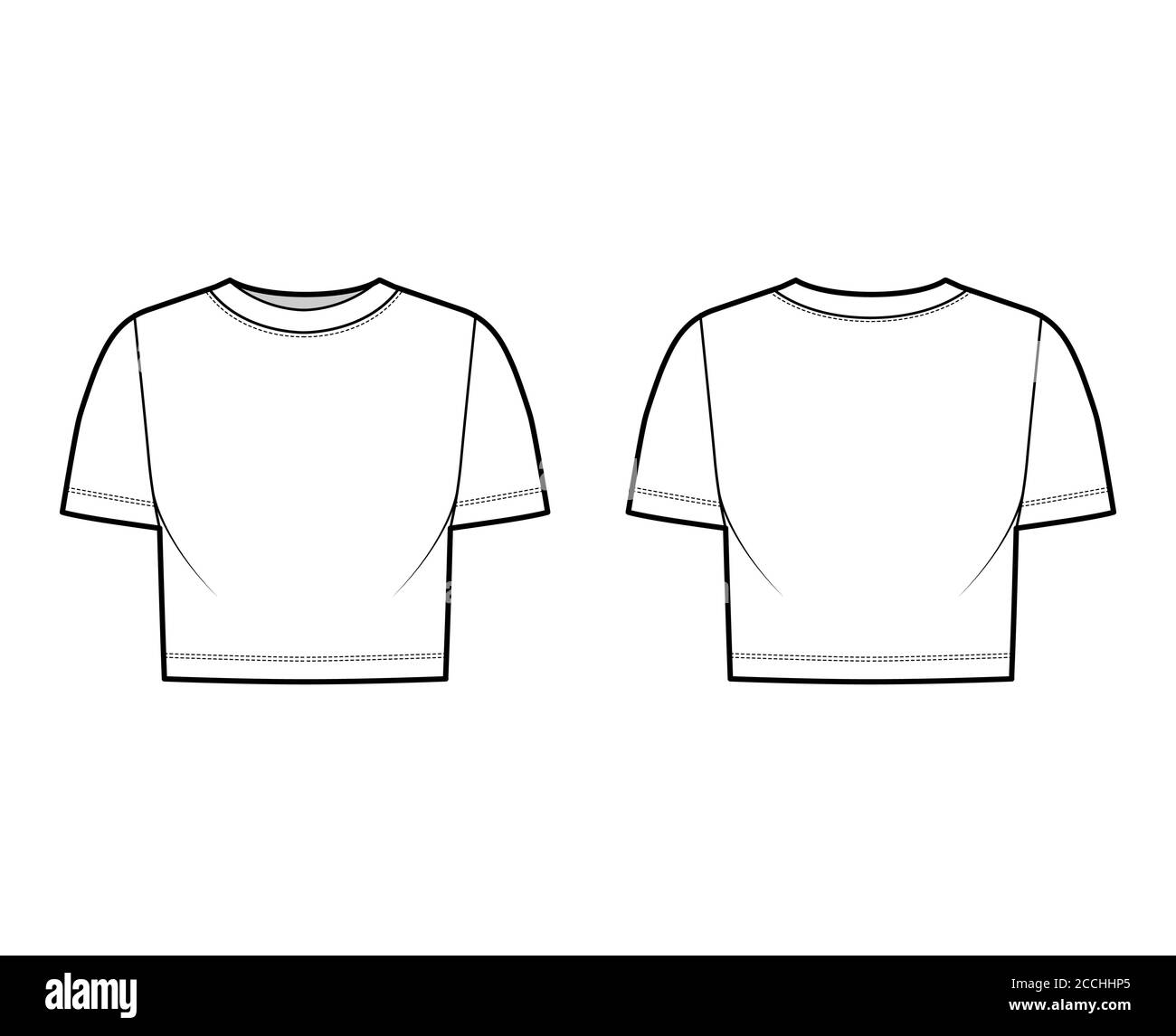Cropped cotton-jersey t-shirt technical fashion illustration with scoop neck, short sleeves, relax fit. Flat outwear apparel template front, back, white color. Women, men, unisex top CAD mockup.  Stock Vector