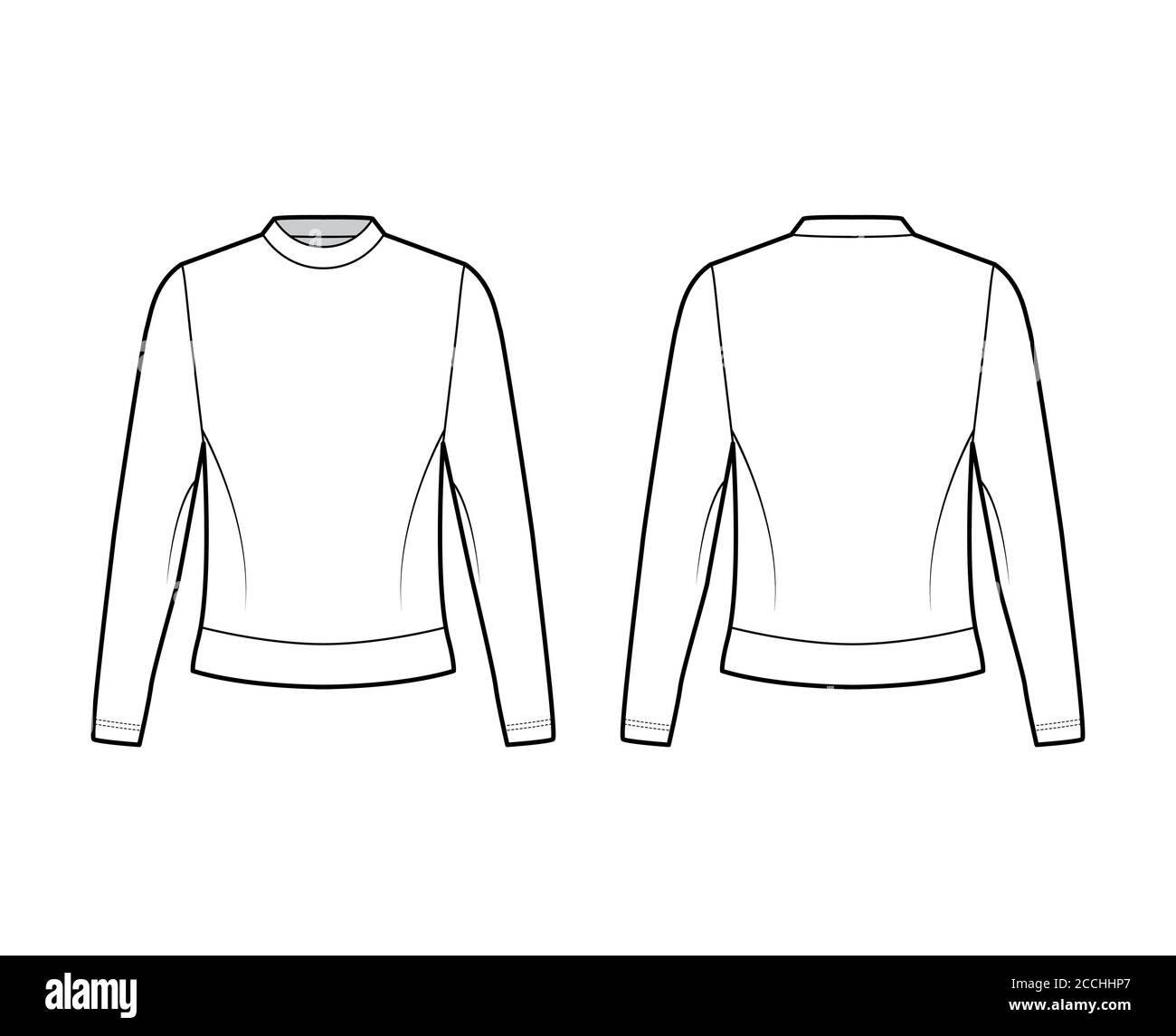 Cotton-terry sweatshirt technical fashion illustration with crew neckline, long sleeves, oversized. Flat jumper apparel outwear template front, back white color. Women, men, unisex top CAD mockup Stock Vector