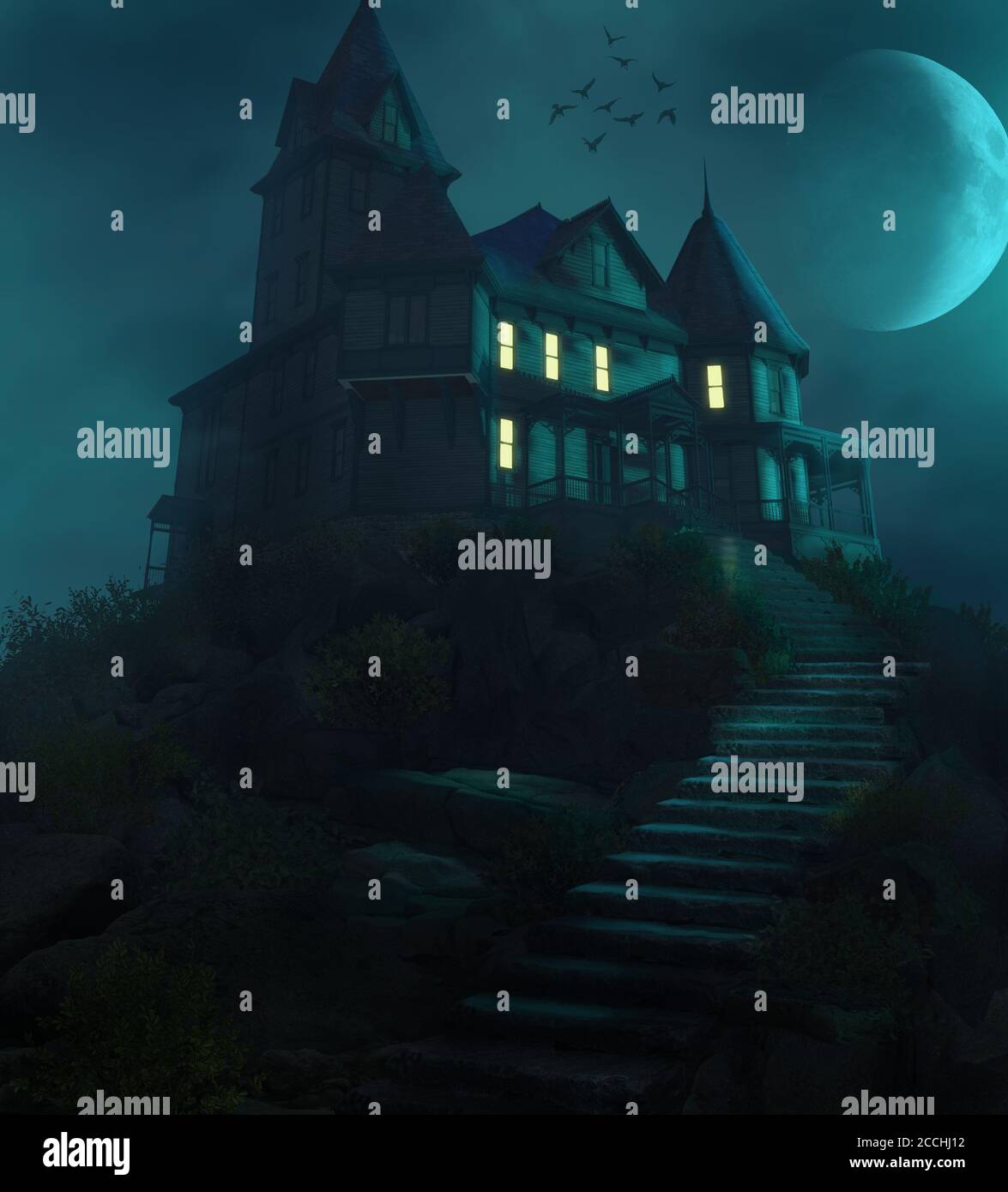 Spooky Halloween haunted manor on a hill against the moon in a foggy ...