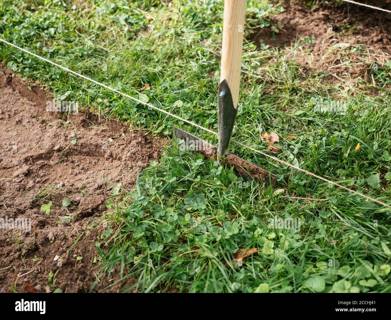 Edging a bed with a traditional hand made edging iron Stock Photo