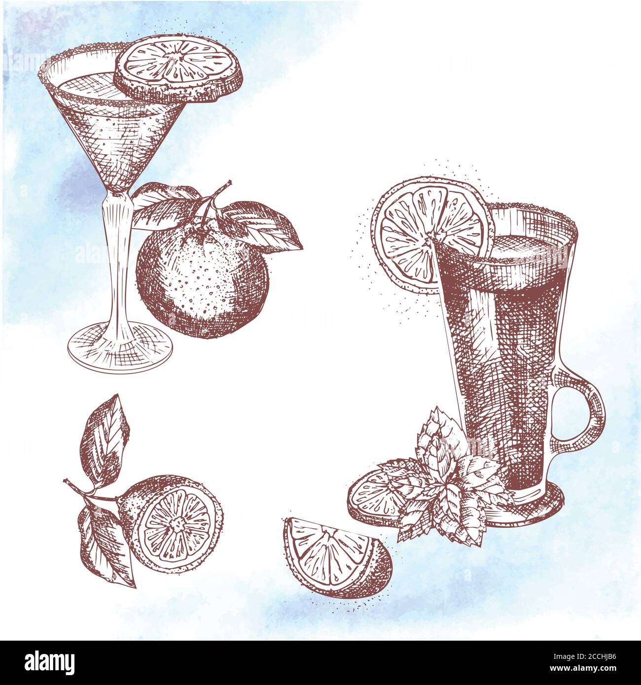 Alcoholic cocktail drink Hand drawn sketch art on watercolor background Vodka, whiskey, wine Vintage design for bar, restaurant, cafe menu, flyer Stock Vector
