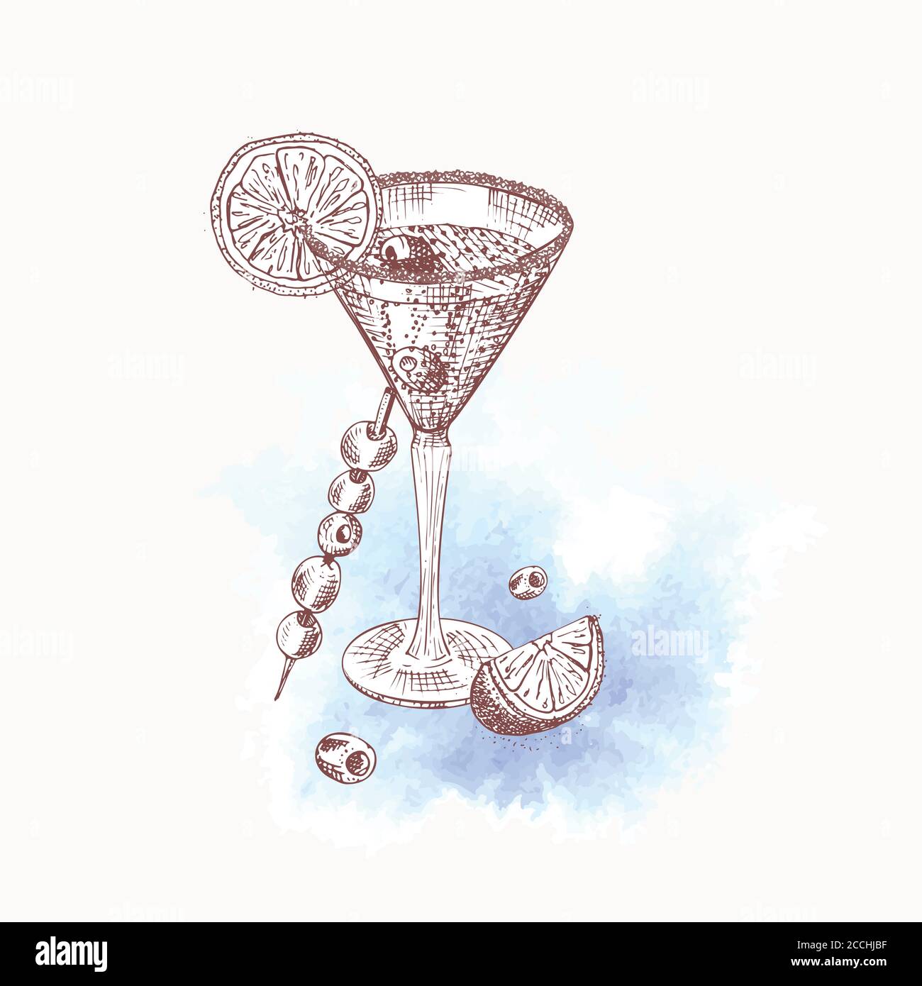 Alcoholic cocktail drink Hand drawn sketch art on watercolor background champagne, bubbly, fizz Vintage design for bar, restaurant, cafe menu, flyer Stock Vector