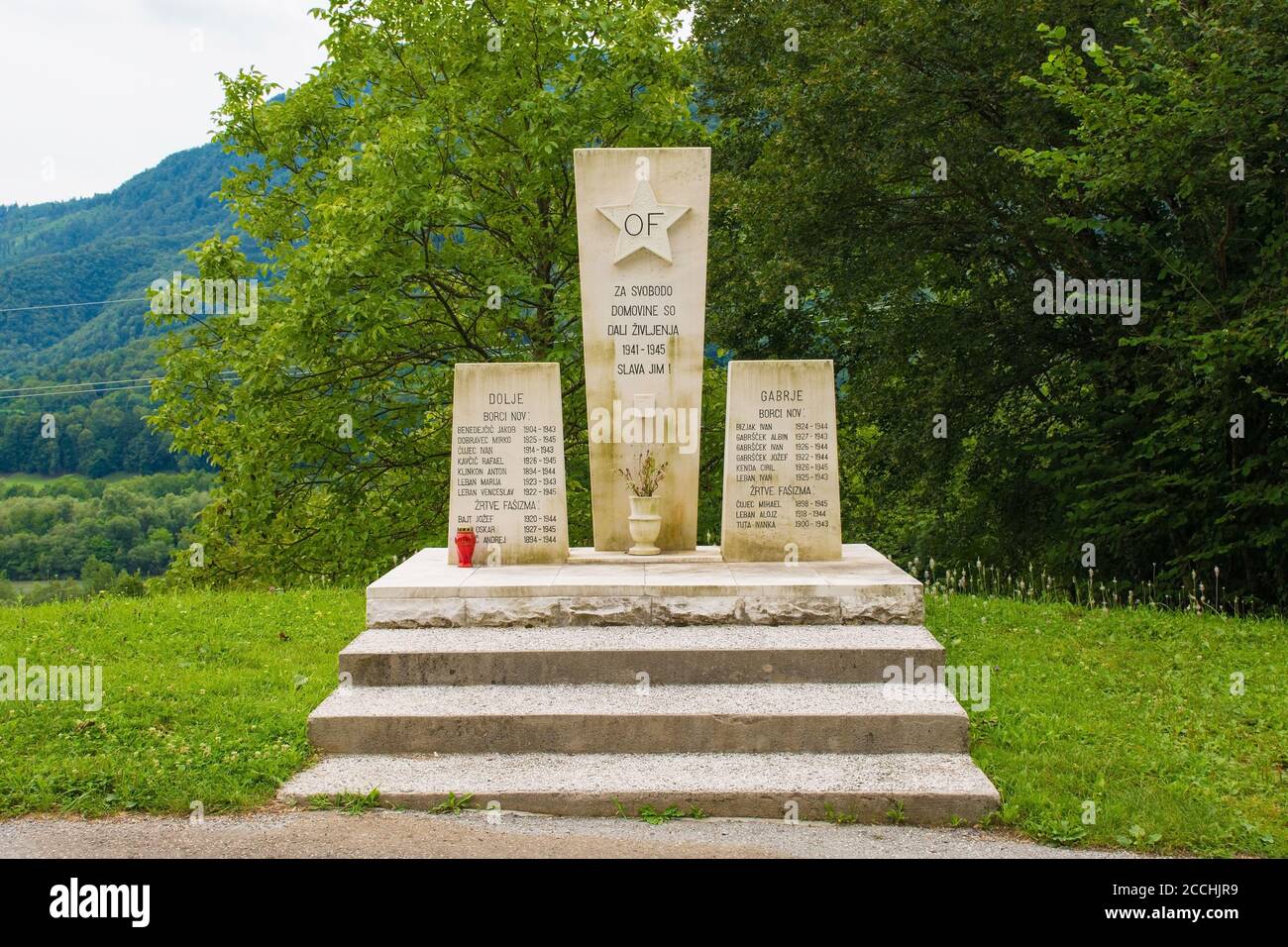 Dolje,Slovenia - July 26 2020. A memorial near the village of Dolje in Primorska, western Slovenia, commemorating those who died during World War II Stock Photo