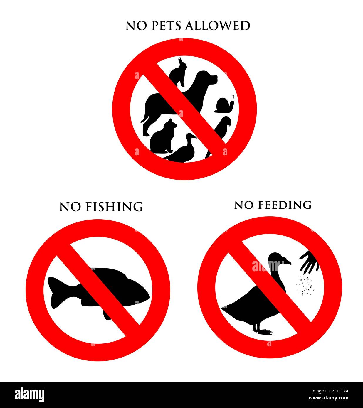 Animal Signs for No Pets Allowed, No Fishing, and No Feeding Stock Photo