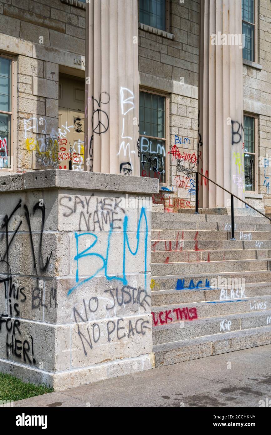 Iowa Old Capitol Building covered in Black Lives Matter graffiti Stock Photo