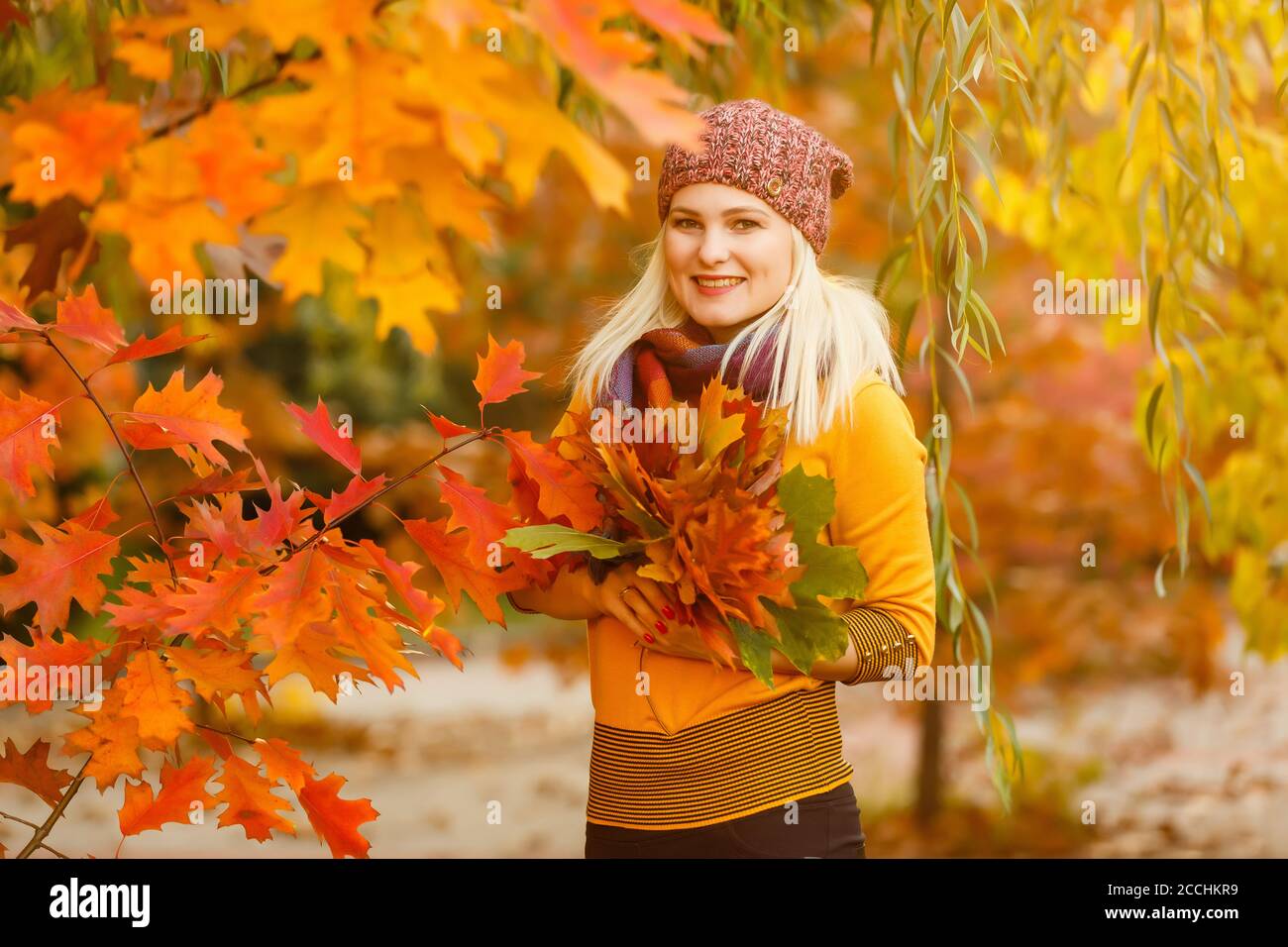 Fashion woman in autumn park holding yellow leaf Stock Photo - Alamy