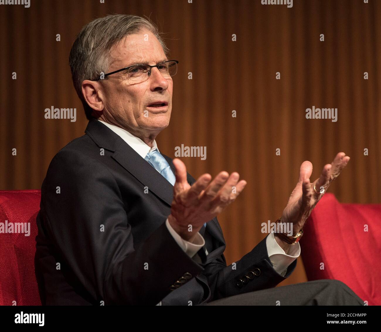 William Adams, chairman of the National Endowment for the Humanities and a Vietnam veteran, moderates a panel discussion about the Vietnam War at the LBJ Presidential Library April 28, 2016 in Austin, Texas. Stock Photo