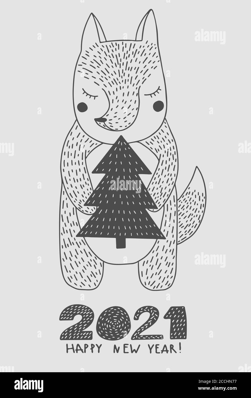 Cute Fox and a Christmas tree 2021 happy new year greeting card in a Scandinavian style Doodle vector illustration Stock Vector