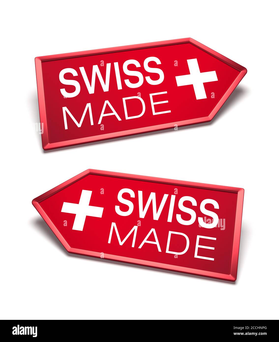 Made in Switzerland. Swiss made certificate inside arrow icon shapes, pointing left and right. Stock Photo