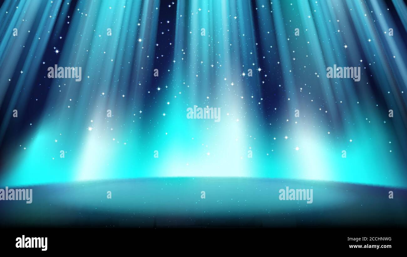 Empty shining blue stage with a dark background, illuminated by a ...