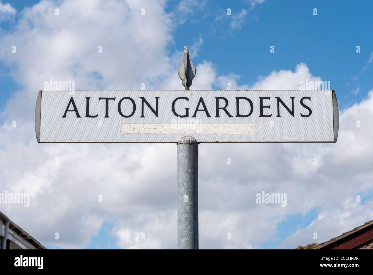Alton Gardens signpost in Southend on Sea, Essex, UK. Road sign, street sign Stock Photo