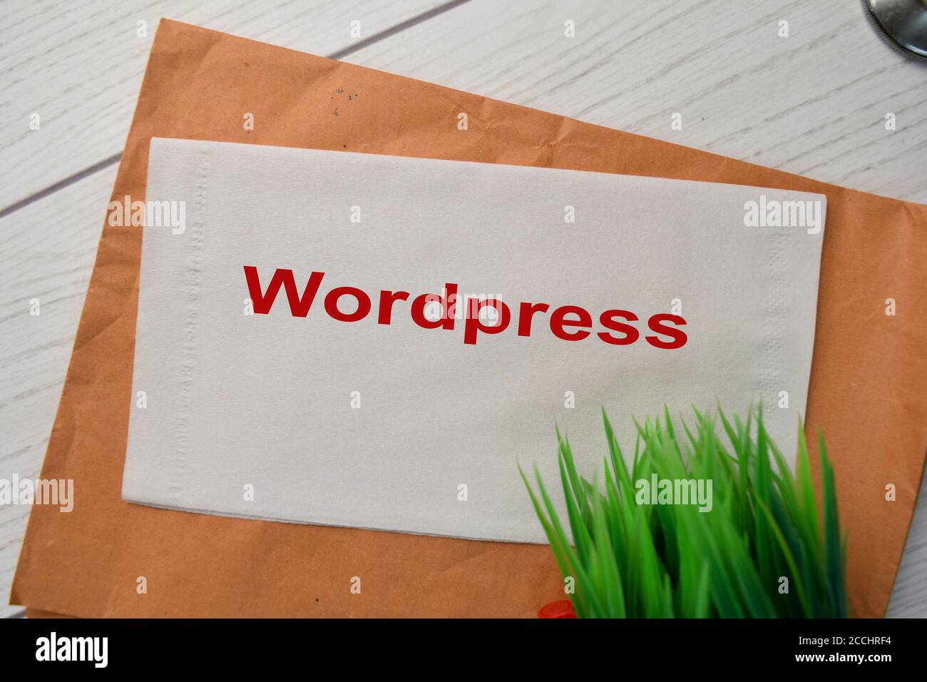 Wordpress write on the tissue with wooden table background Stock Photo