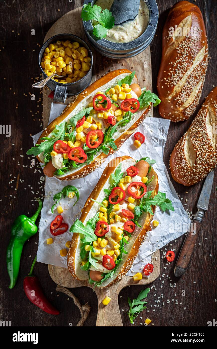 Unhealthy hot dogs made of pork sausage and spicy sauce Stock Photo Alamy
