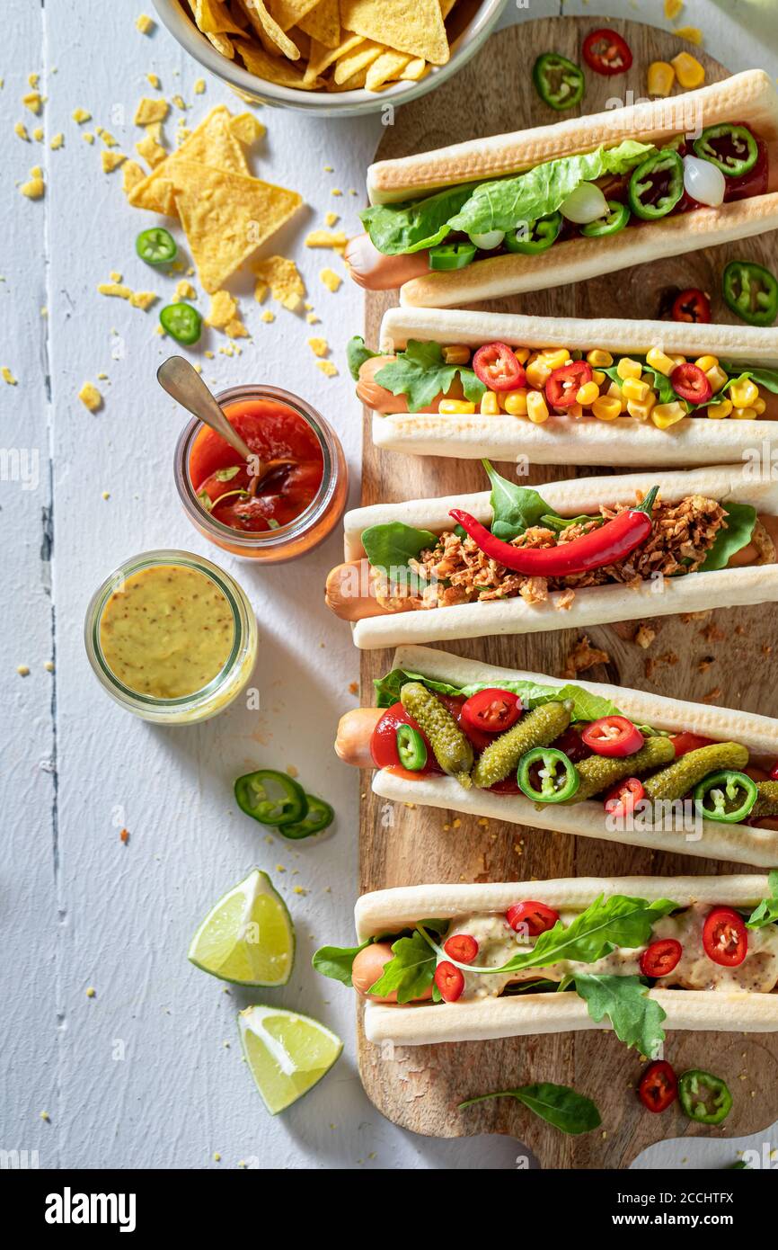 Fresh hot dogs as summer appetizers for party Stock Photo Alamy