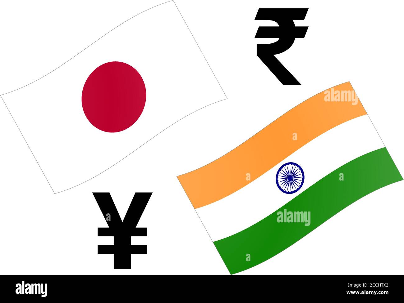 JPYINR forex currency pair vector illustration. Japanese and Indian flag, with Yen and Rupee symbol. Stock Vector