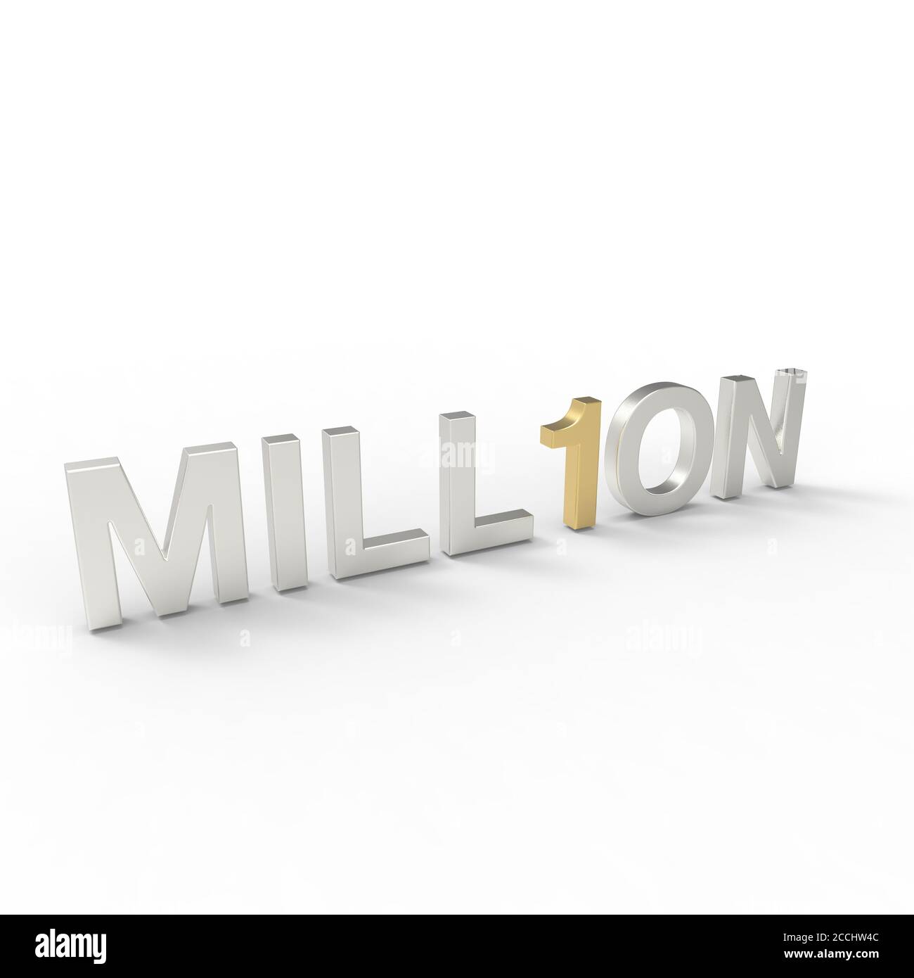 Gold number one in the middle of a silver million word on a white background to represent the term One in a million where gold has value for someone Stock Photo