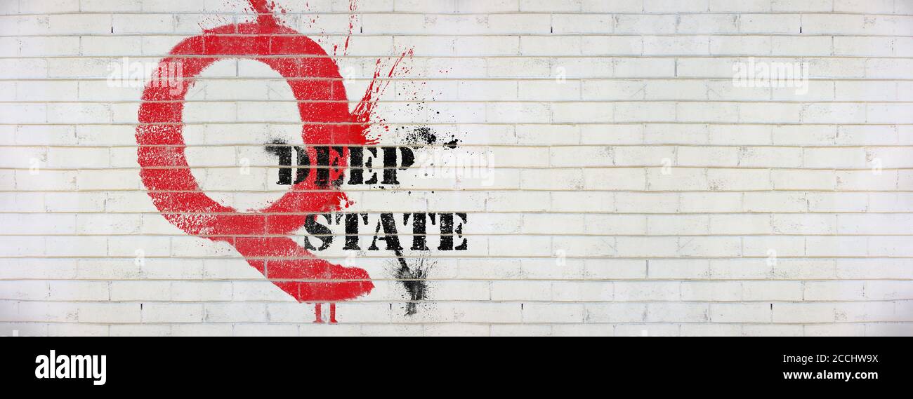 Banner heading Qanon graffiti sprayed on white wall with Deep State text, copy space, conspiracy theory, deep state conservative concept Stock Photo