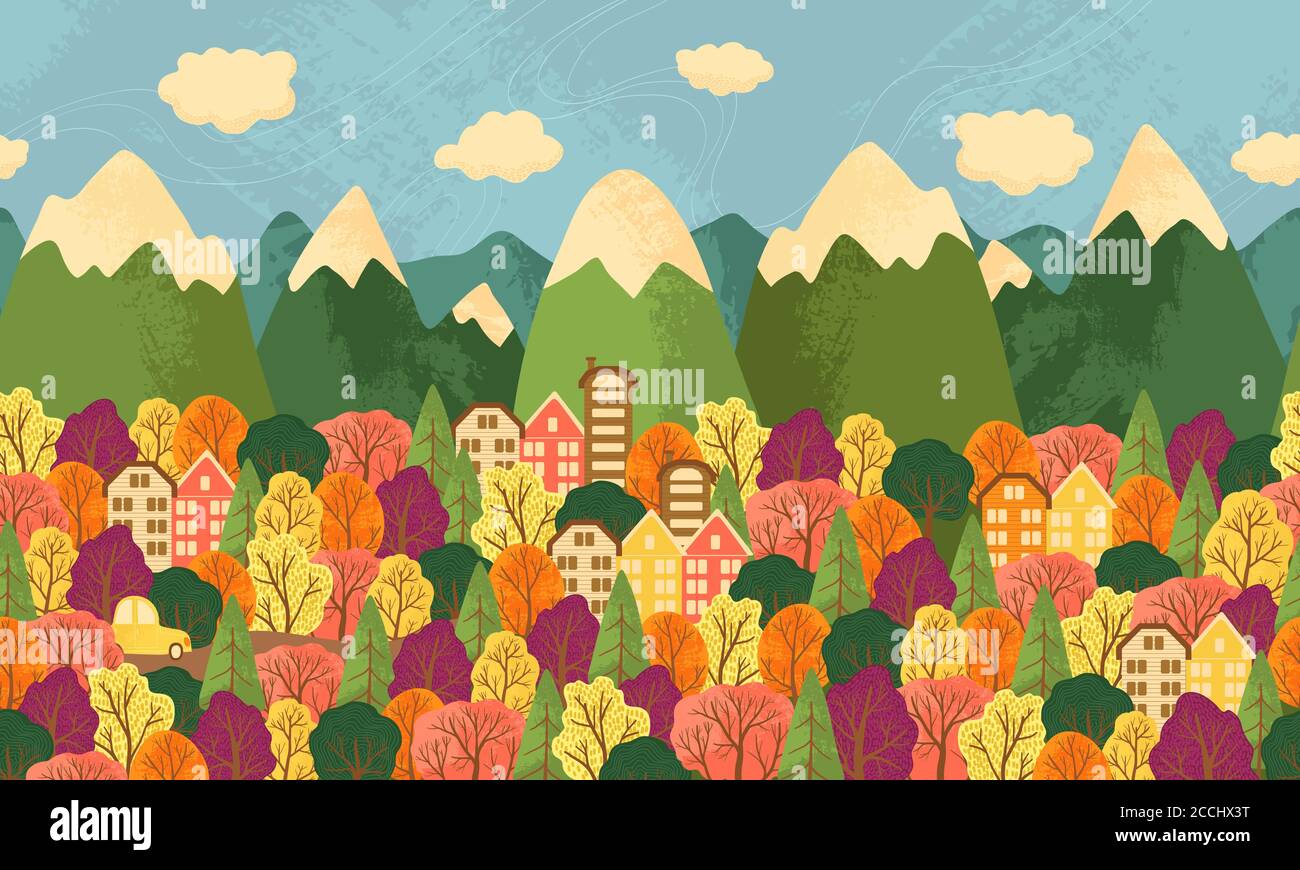 Autumn fores and town landscape vector background in flat cartoons style. Horizontal repeated background with Fall trees, house, car, mountains and cl Stock Vector