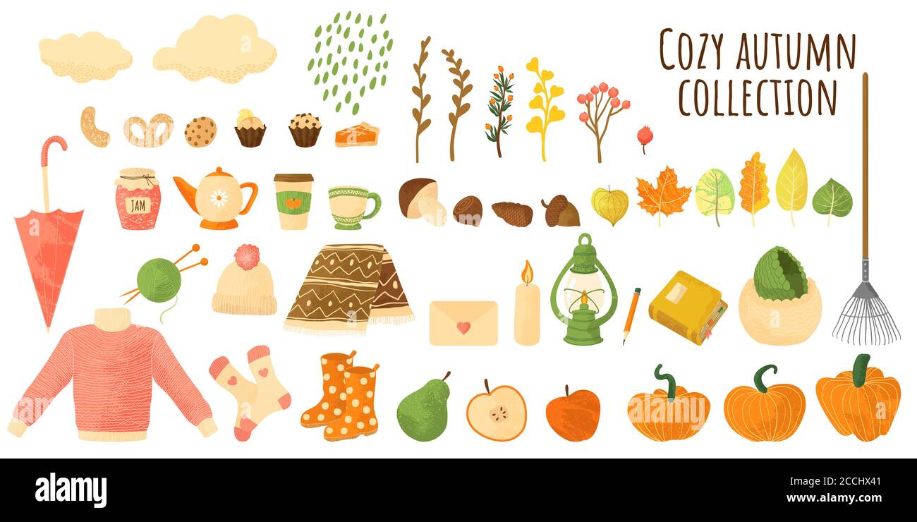 Autumn elements in flat cartoons style with grange texture. Colorful Vector illustration isolated on white. Fall icons collection in simple kids style Stock Vector