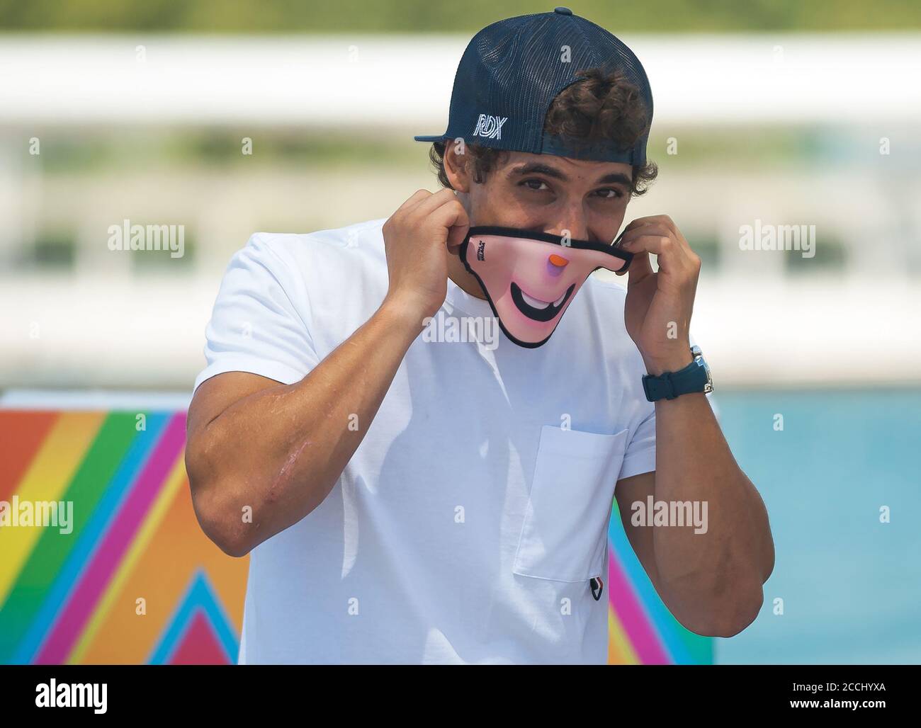 Malaga, Spain. 22nd Aug, 2020. Spanish actor Miguel Herran is seen wearing  a face mask as he attends the film "Hasta el cielo" photocall at Muelle Uno.The  23rd edition of the Spanish