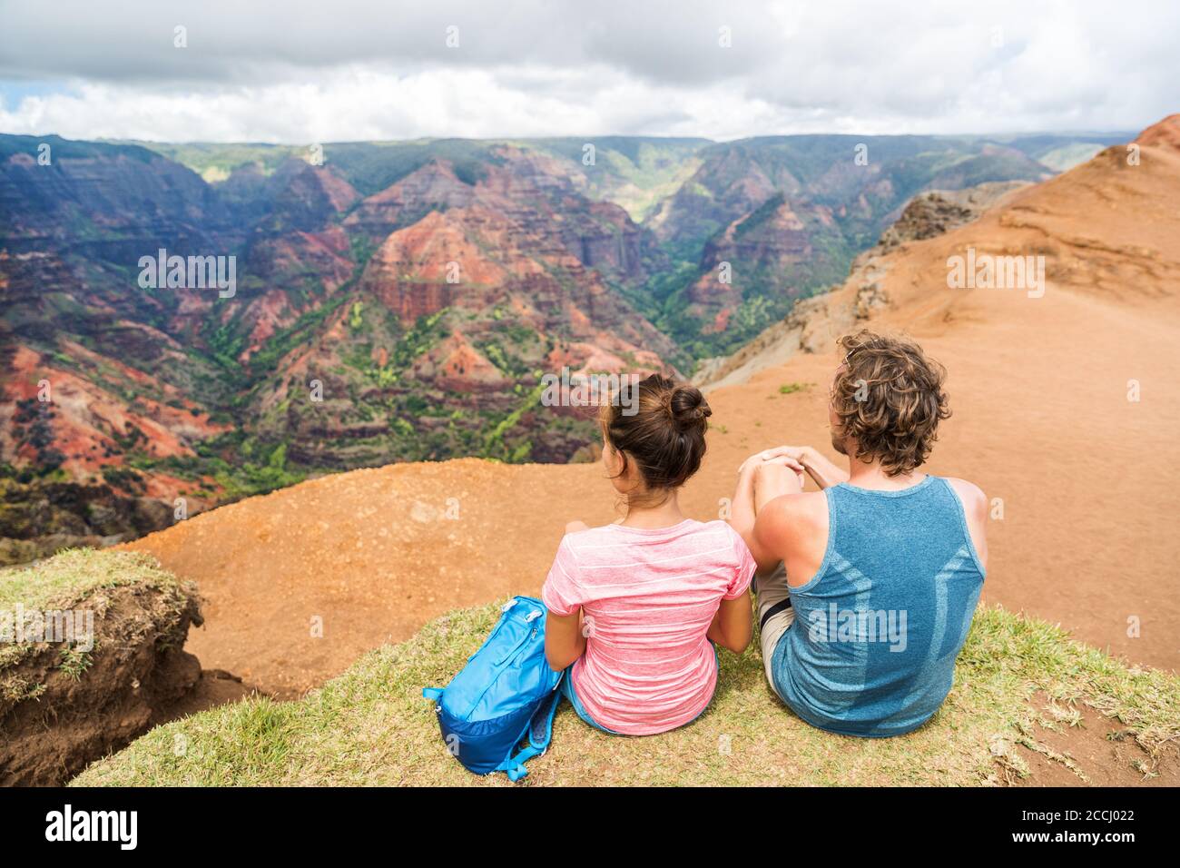 Hawaii Kauai nature hiking couple enjoying view Stock Photo
