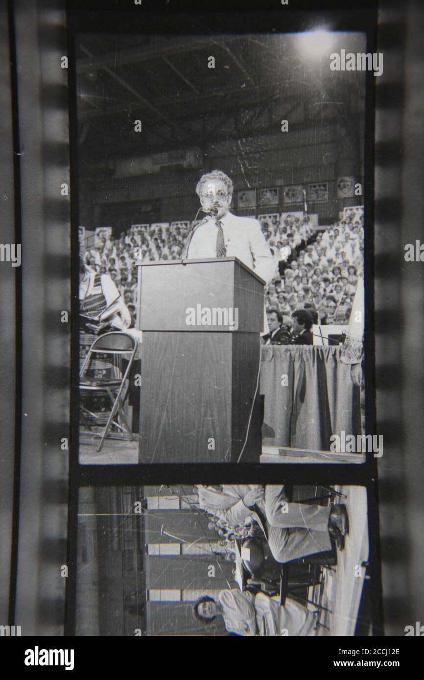 Fine 1970s vintage black and white photography of an official speaker ...