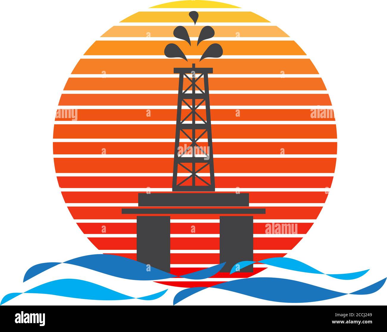 Vector of offshore oil platform on sea and sunset in background. Oil and gas company silhouette logo illustration design Stock Vector