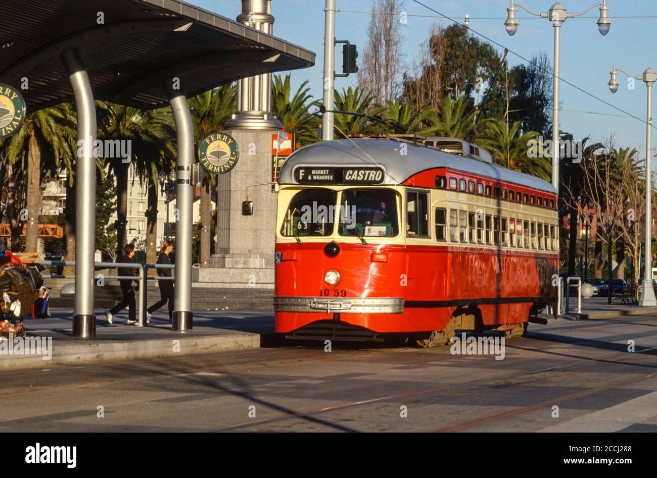 San Francisco, California, USA. Vintage Electric Street Car Approaching Ferry Building Stop. Stock Photo