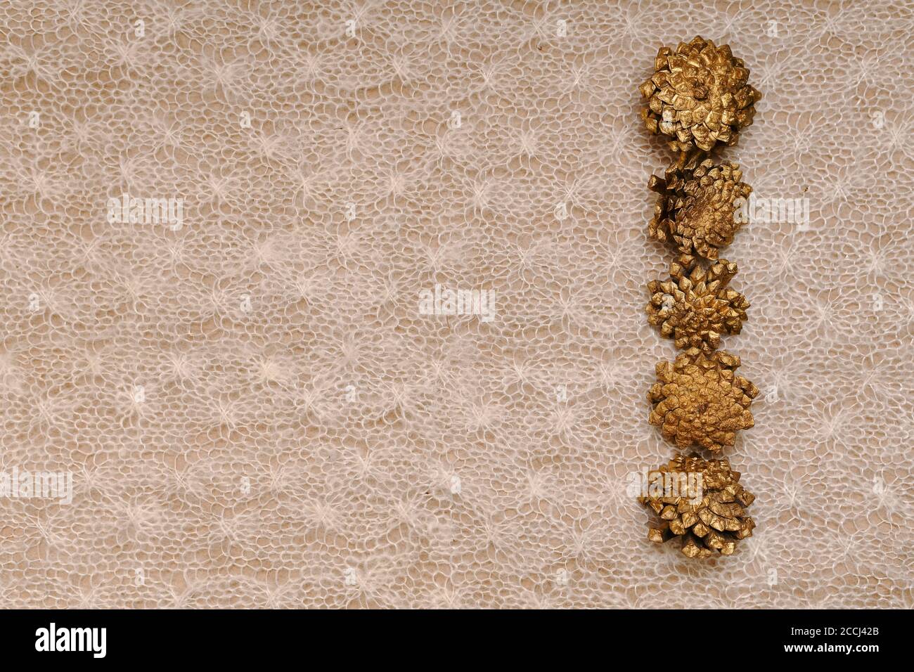 Delicate background, five similar pine cones on the right vertical next on the left on the knitted canvas. Stock Photo