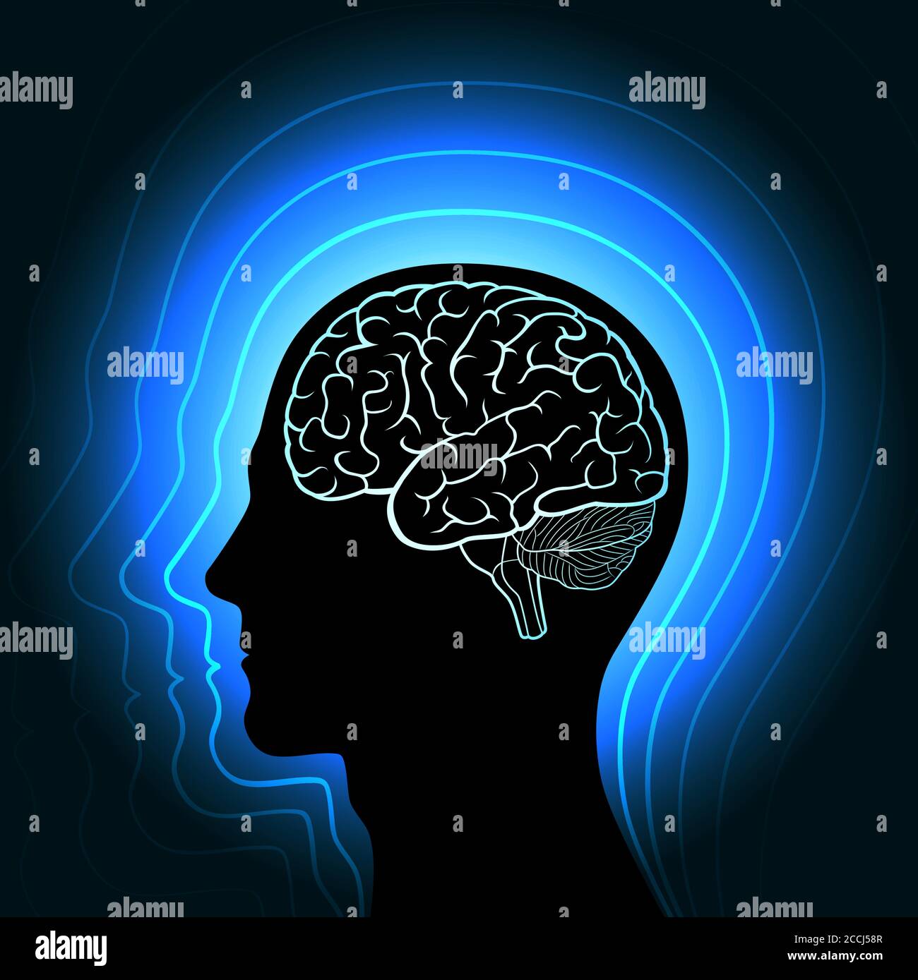 A human head with a glowing outline of the brain and radiating from her in waves. The concept of man's connection with the Universe Stock Vector