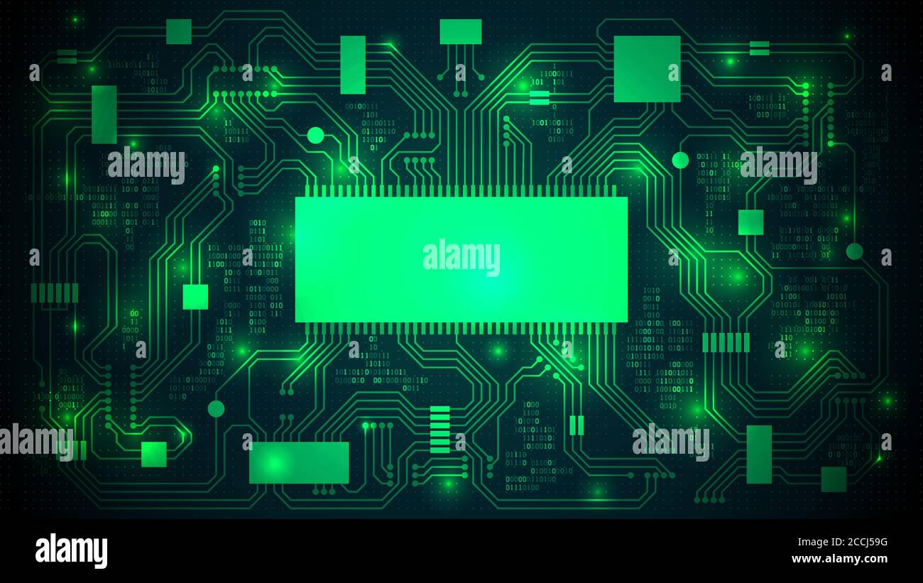 Printed circuit board with a processor, microchips and binary code