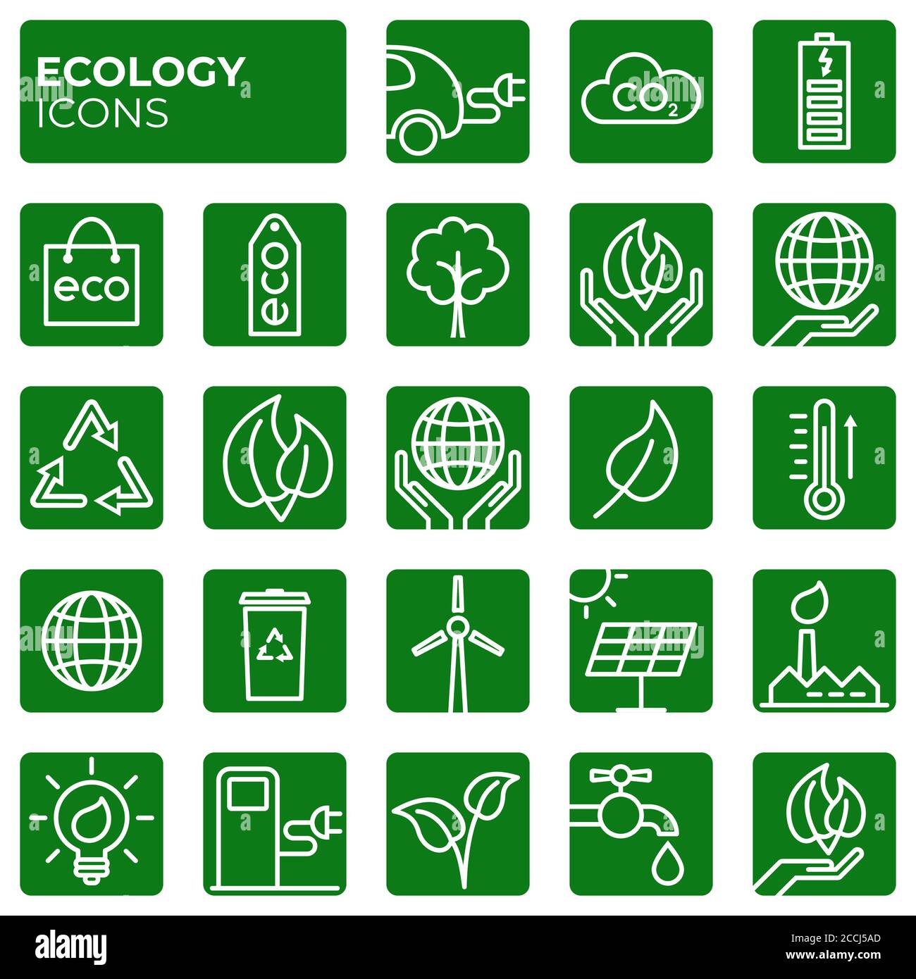 Ecology icons set. Environment protection. Alternative renewable energy. Global warming. Decarbonation. Eco friendly block linear sign collection. Vec Stock Vector
