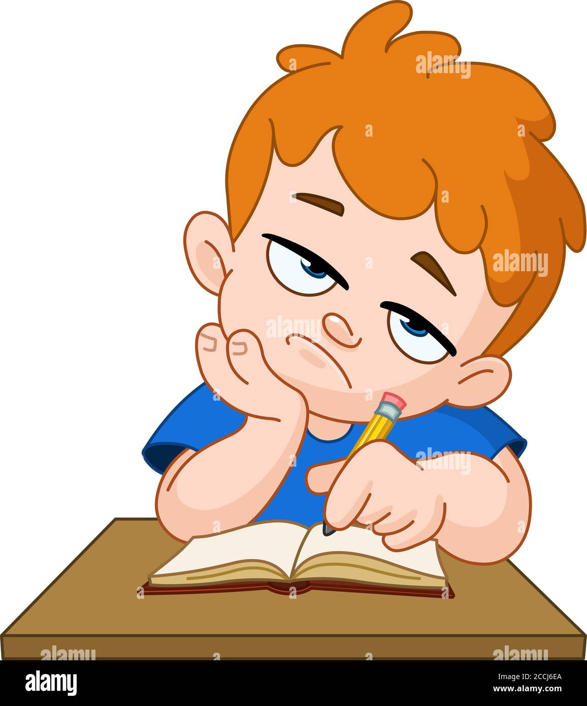 Bored school boy with hand on face sitting at desk writing in his notebook Stock Vector